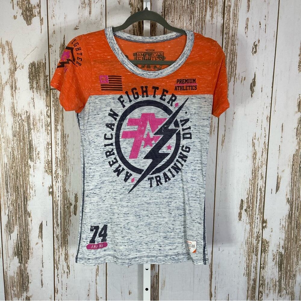American Fighter, Short Sleeve Burnout Tee in Orange, Gray, and Pink. Size Med.